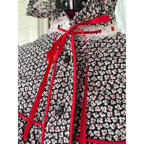 Vintage 1970s Floral Cotton Ruffle Western Shirt Black Red Size Small - Picture 5 of 11